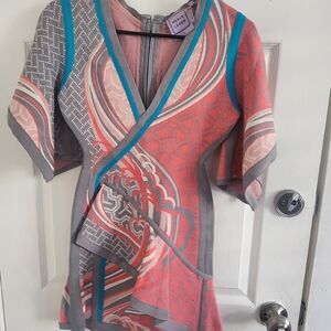 Herve Leger Coral and Gray Patterned Mini Dress